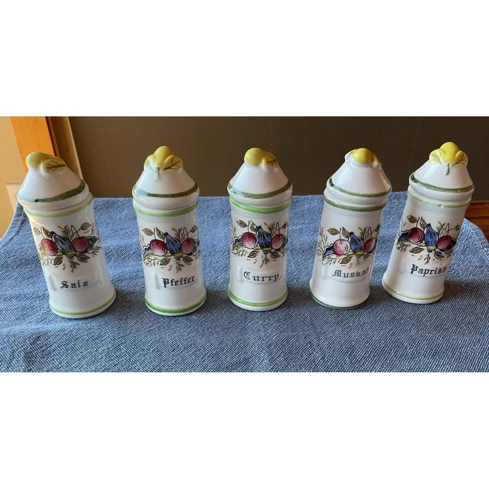 Vintage Italia by Arnart Set Of 5 Spice Containers With Lids Labeled In German